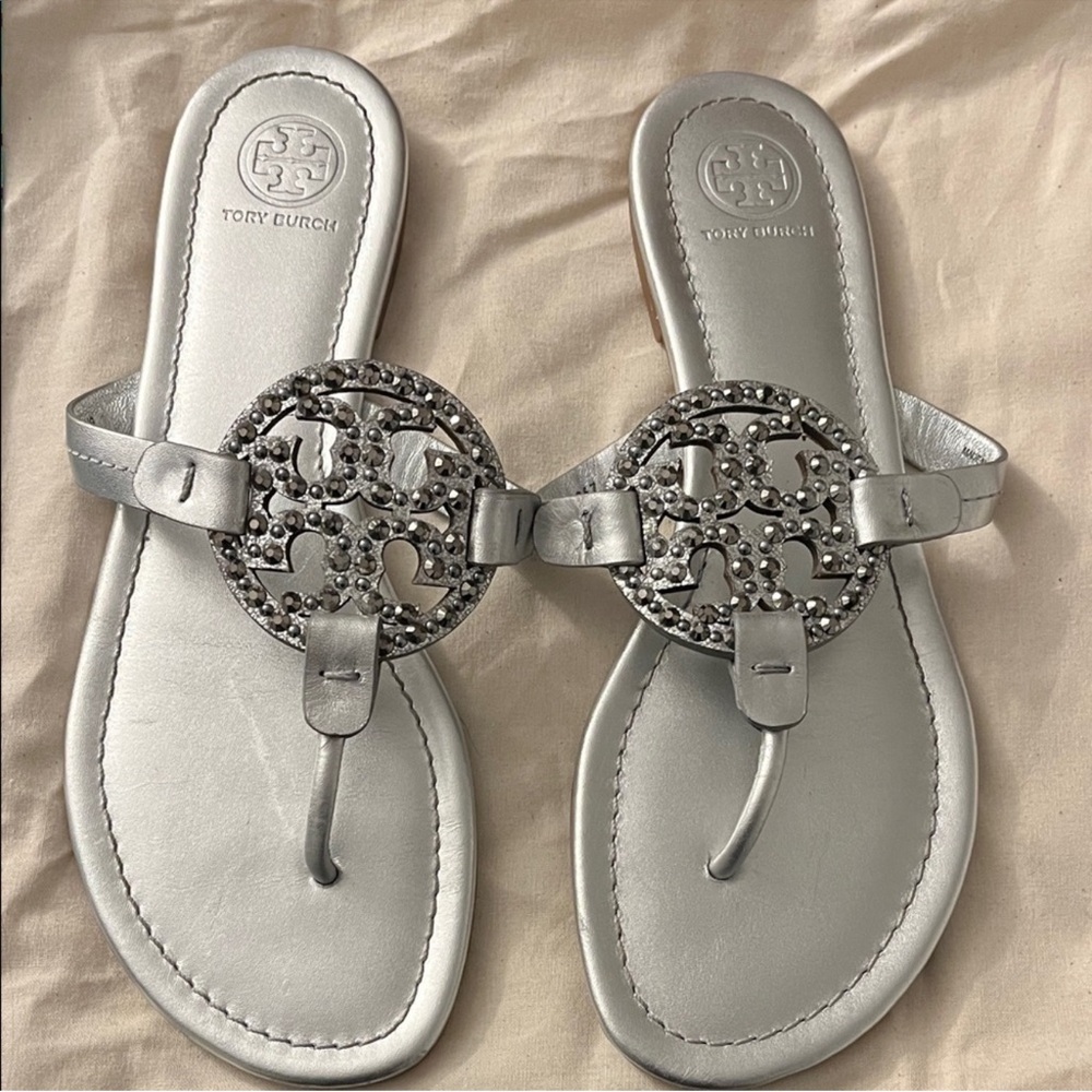 Like new Tory Burch Metallic Silver Jeweled Miller Sandals